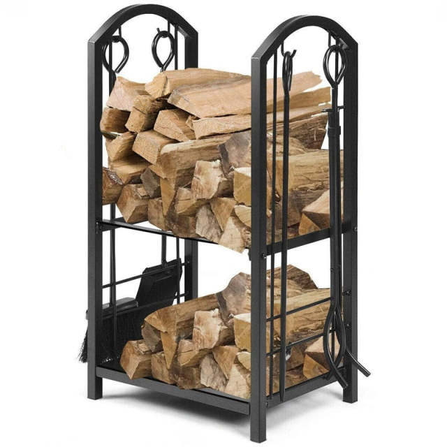 Firewood Rack with 4 Fireplace Tools Set, Heavy Duty Wrought Iron Log Rack Wood Storage Firewood Holder for Indoor  Outdoor