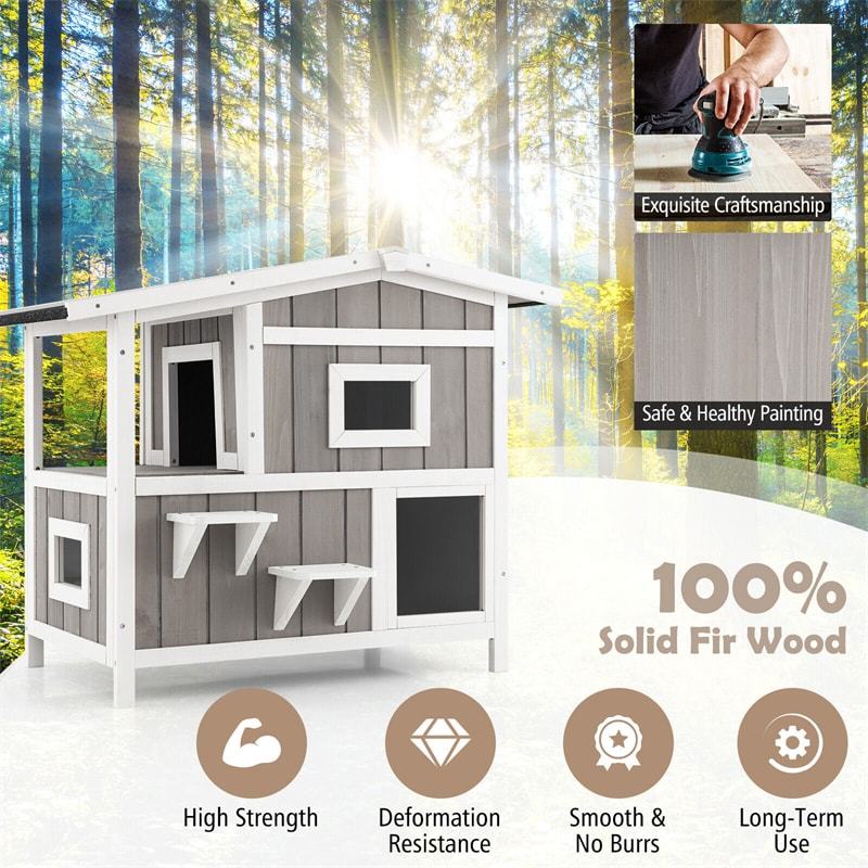 2-Story Outdoor Cat House Weatherproof Wooden Feral Cat Shelter Kitten Condo Cage with Escape Door, Balcony & 2 Jumping Platforms