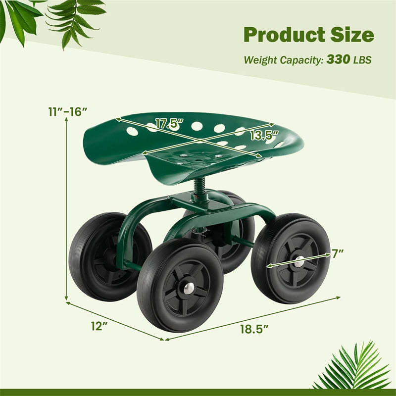 Heavy Duty Garden Cart with 360° Swivel Seat & Wheels, Height Adjustable Rolling Gardening Seat Utility Stool Cart Garden Scooter for Planting