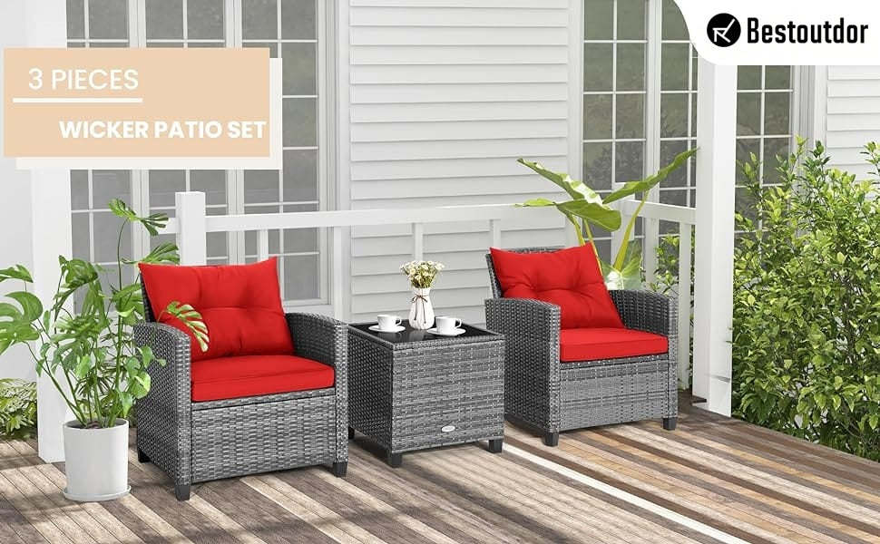 3PCS Patio Rattan Furniture Set Outdoor Conversation Set Wicker Bistro Set with Cushioned Chairs & Tempered Glass Side Table