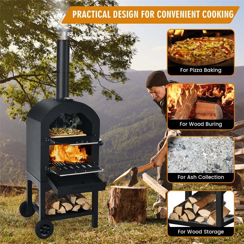 Outdoor Pizza Oven 2-Layer Wood Fired Pizza Oven with Wheels, Built-in Thermometer, Pizza Stone, Waterproof Cover, Portable Pizza Maker for BBQ Picnic