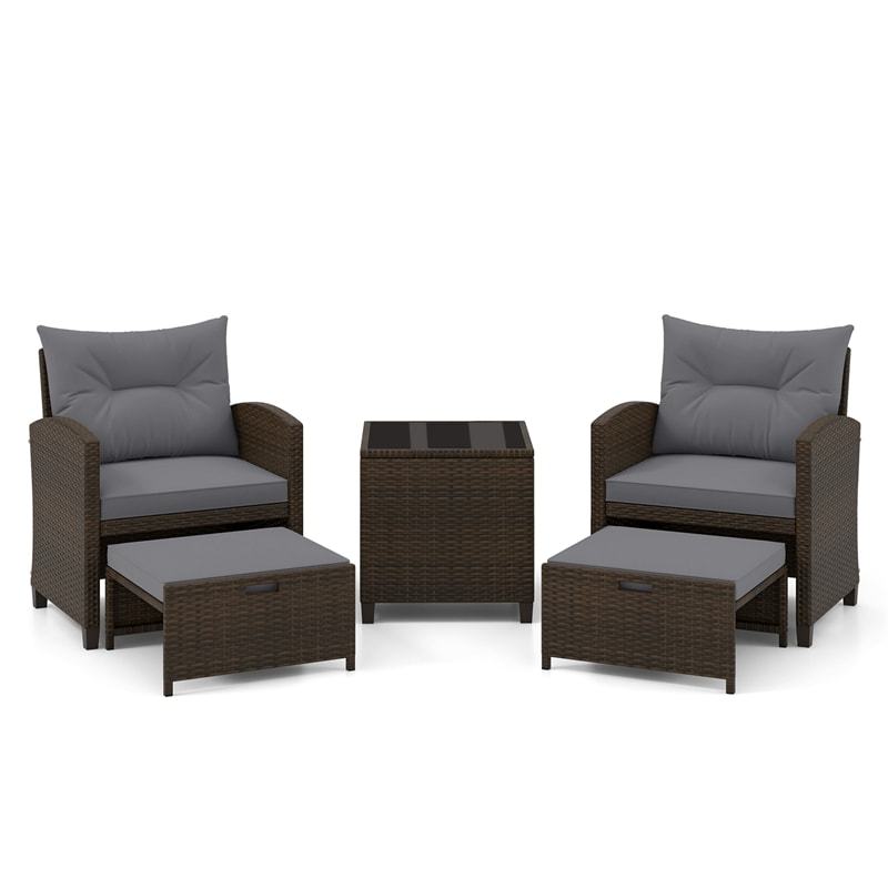 5-Piece Patio Rattan Furniture Set, Cushioned Wicker Chairs with 2 Ottomans & Glass Coffee Table, Outdoor Sectional for Porch Backyard Poolside
