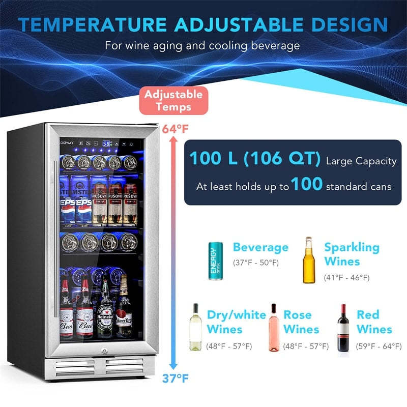 15" Beverage Refrigerator, 100 Can Built-in/Freestanding Drink Fridge with Glass Door & Adjustable Shelves for Soda Beer Wine, Home Office