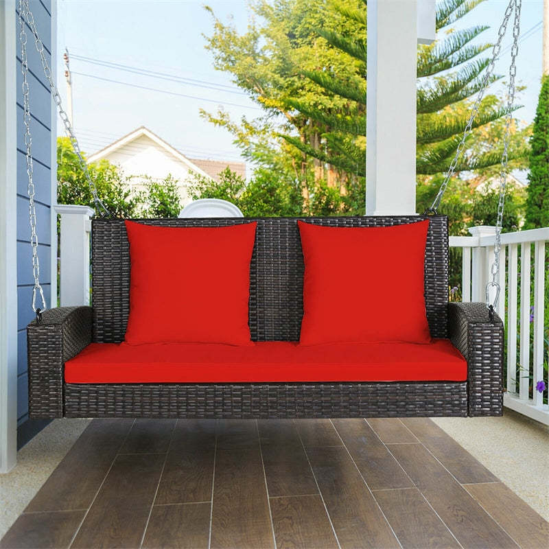 2-Person Wicker Patio Swing Bench with Removable Cushions & Reinforced Steel Chain, 800lbs Capacity Rattan Porch Swing for Backyard, Garden