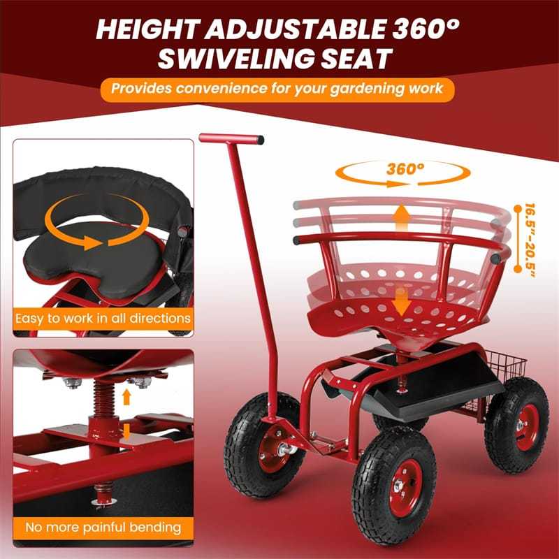 Rolling Garden Cart with 360° Swivel Seat, Tool Tray, Storage Basket, Removable Cushion & Handle, Height Adjustable Gardening Workseat for Patio Lawn