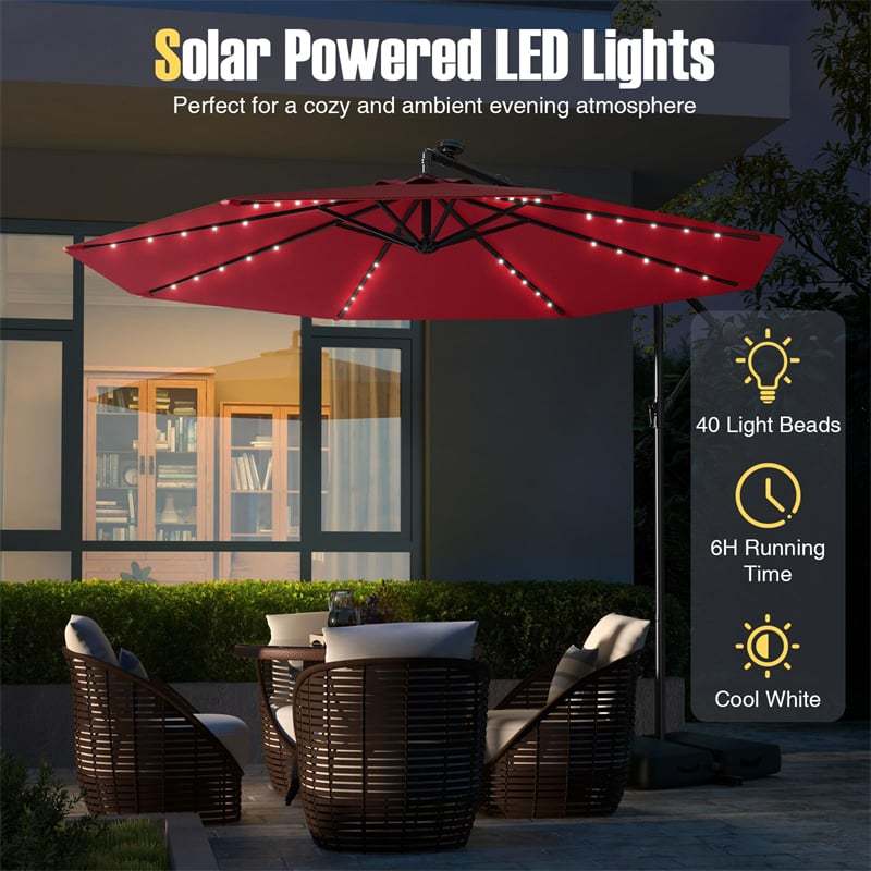 10FT Solar Offset Patio Umbrella, Hanging Cantilever Umbrella with 32 LED Lights, Adjustable Tilt, Sand Bag Base for Garden, Poolside, Yard Wine 10FT Solar Offset Patio Umbrella, Hanging Cantilever Umbrella with 32 LED Lights, Adjustable Tilt, Sand Bag Base for Garden, Poolside, Yard Wine