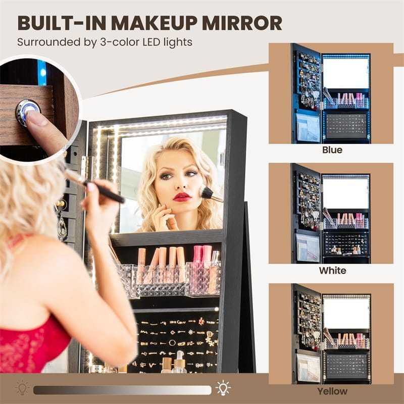 360° Swivel Jewelry Armoire with Full Length Mirror, Adjustable 3-Color LED Lights & Storage Rack, Lockable Standing Jewelry Cabinet Organizer