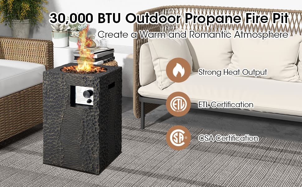 16" Square Propane Fire Pit, 30,000 BTU Auto-Ignition Outdoor Gas Fire Pit with Protective Cover, Touch-up Pen & Lava Rocks