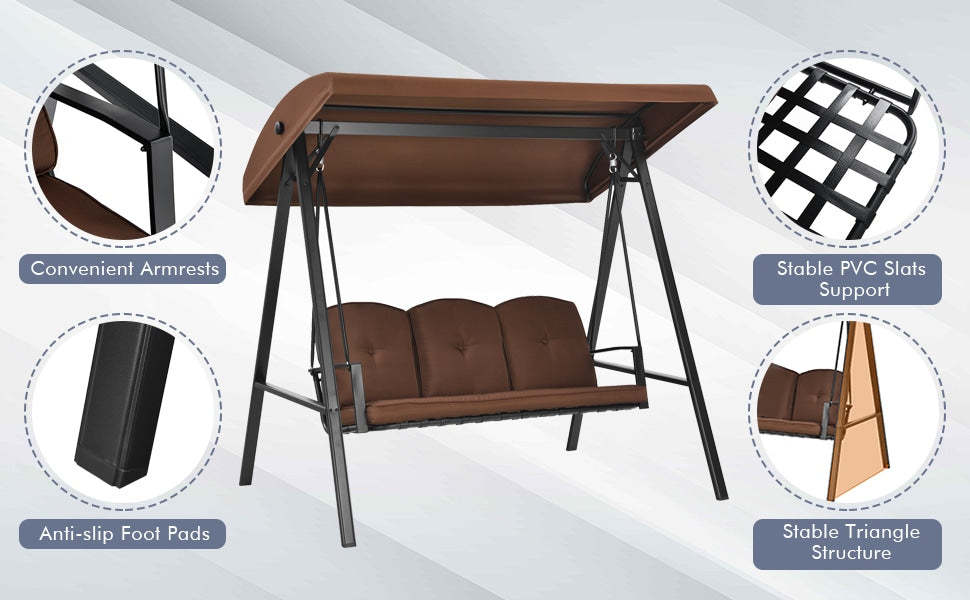 3-Seat Outdoor Porch Swing with Adjustable Tilt Canopy & Removable Cushions