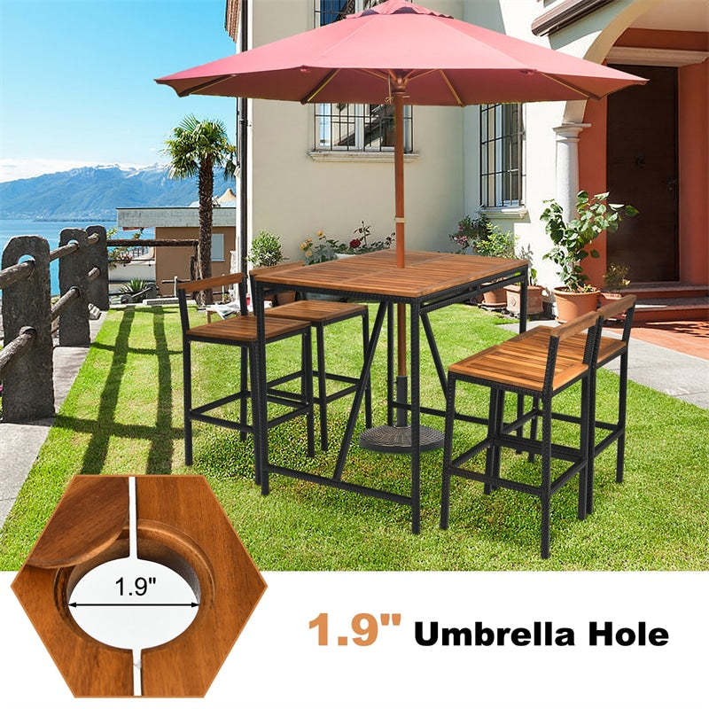 5 Piece Acacia Wood Rattan Patio Bar Height Dining Set with 4 Bar Stools Umbrella Hole