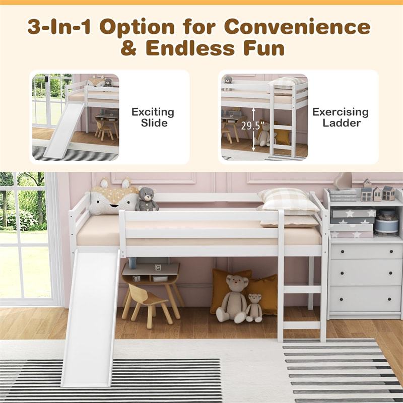 Twin Loft Bed with Slide, Solid Wood Low Loft Bed Twin Loft Bed Frame with Climbing Ladder & Guardrail, Twin Kids Bed for Girls Boys