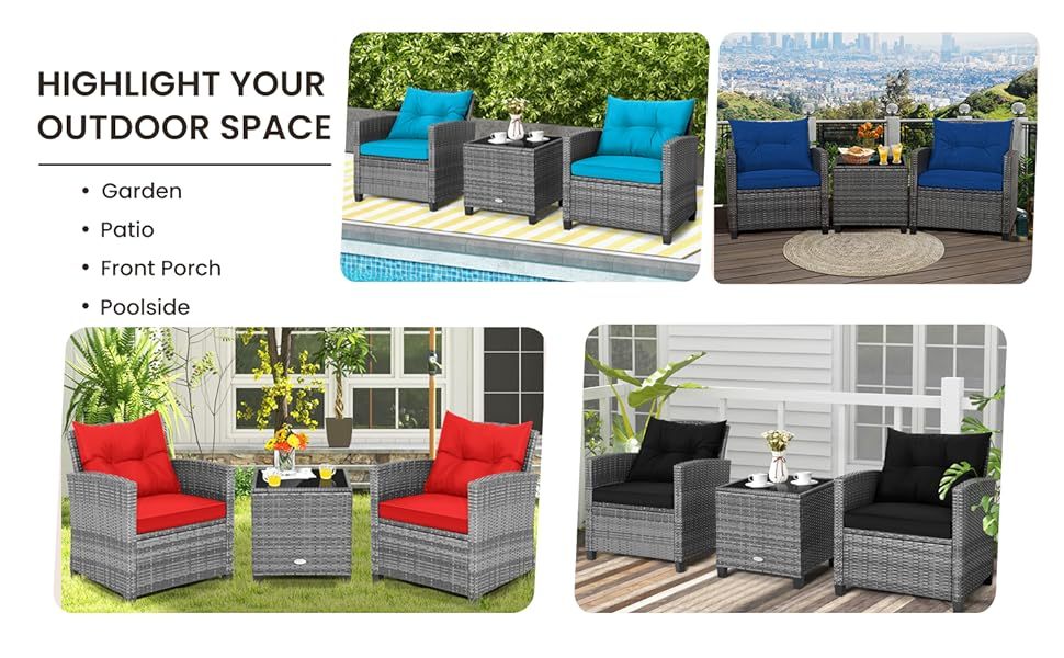3PCS Patio Rattan Furniture Set Outdoor Conversation Set Wicker Bistro Set with Cushioned Chairs & Tempered Glass Side Table