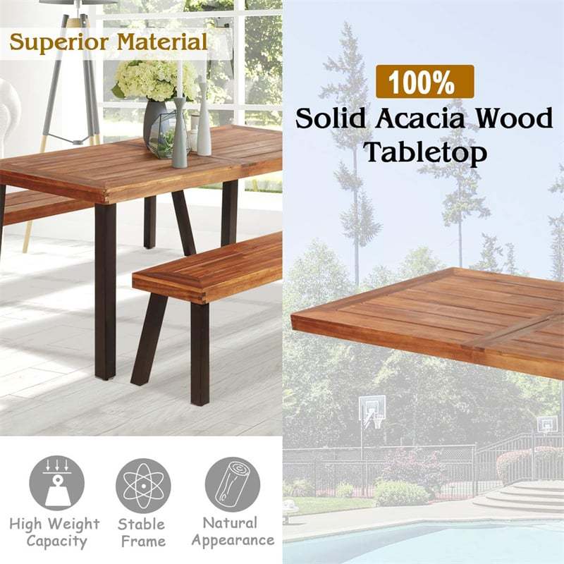 3 Piece Patio Dining Table Set Acacia Wood Table Bench Outdoor Picnic Table with Umbrella Hole, 2 Benches & Steel Legs