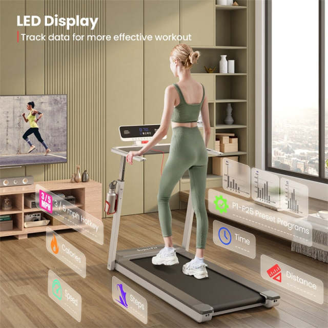 3HP Folding Treadmill w/Desk, Adjustable Height, APP Control, LED Display & 25 Preset Programs, Compact Walking Running Machine for Home Office