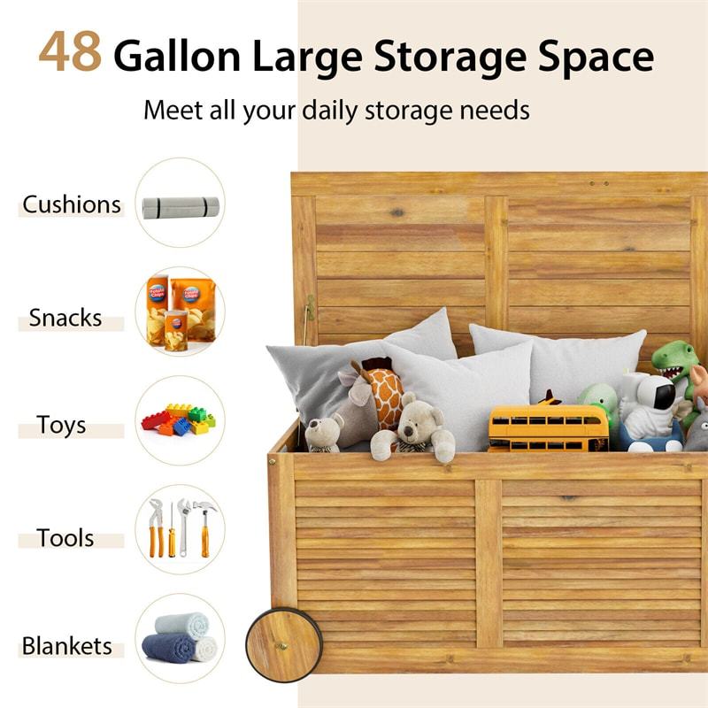 48 Gallon Acacia Wood Outdoor Storage Box with Wheels, Waterproof Cover & Side Handle, Patio Deck Box for Garden, Balcony, Yard, Poolside
