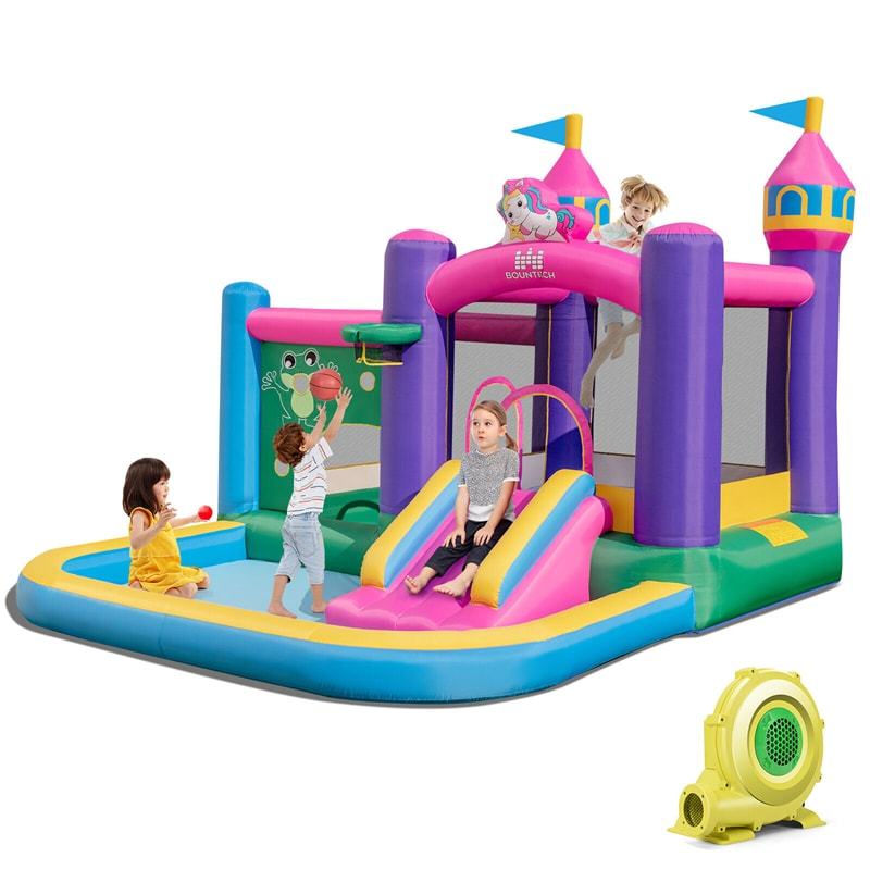 Inflatable Bounce House, 6-in-1 Unicorn Jumping Bouncy Castle with Slide, 735W Blower, 2 Ball Pits & Basketball Rim for Kids 3-10 Indoor Outdoor Party