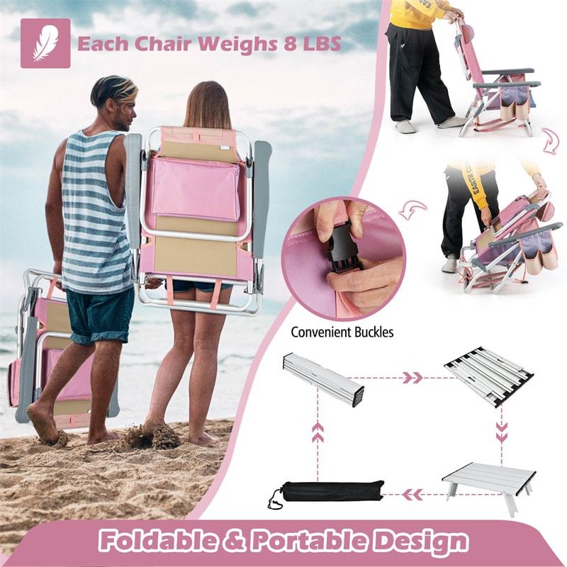 3PCS Folding Backpack Beach Chairs with Side Table, Cooler Bag, Cup Holder, 5-Position Reclining Beach Chairs for Camping Sunbathing