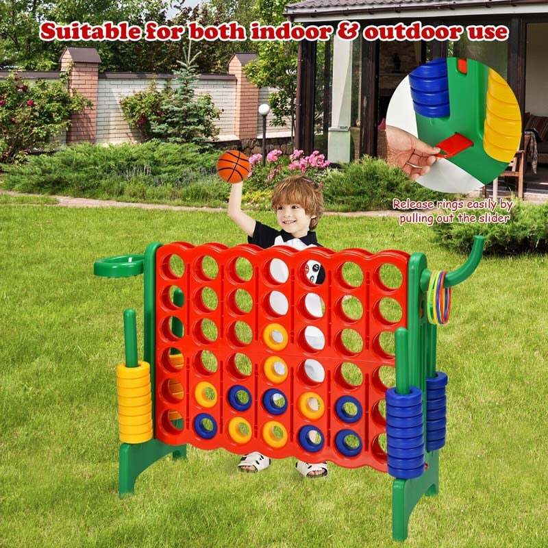 Giant 4-in-A-Row Game Set, Jumbo 4-to-Score Lawn Game with Basketball Hoop, 42 Rings, Quick-Release Slider for Kids & Adults, Indoors Outdoors