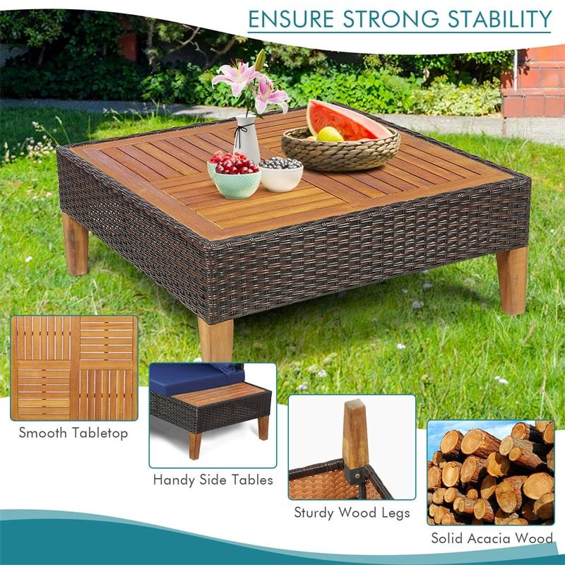 4 Piece Acacia Wood Patio Furniture Set, Outdoor Rattan Sectional Sofa with Cushions, Loveseat, Side Table, Coffee Table for Backyard Garden