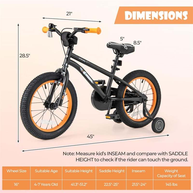 16-Inch Kids Bike, Sports Bicycle for 4-7 Years Old with Height Adjustable Seat, Fully Enclosed Chain Guard & Removable Training Wheels