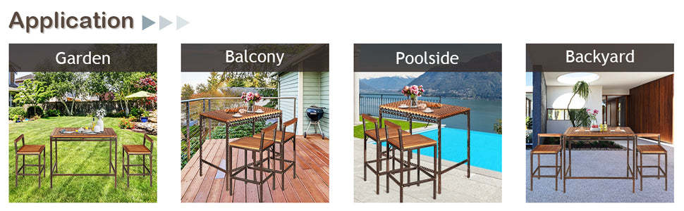 3 Pcs Outdoor Wicker Bar Height Bistro Set Patio Rattan Dining Furniture Set with Acacia Wood Tabletop & 2 Bar Stools