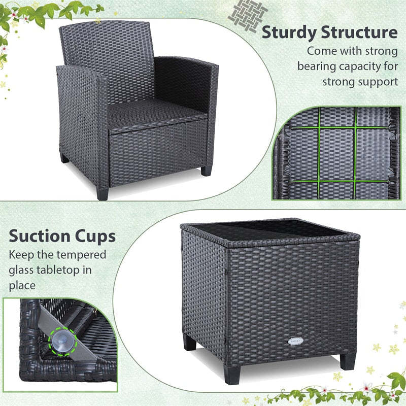 3 Piece Rattan Patio Conversation Furniture Set, Outdoor Wicker Sofa Chair Set with Coffee Table, Washable Cushions & 2-Set Covers