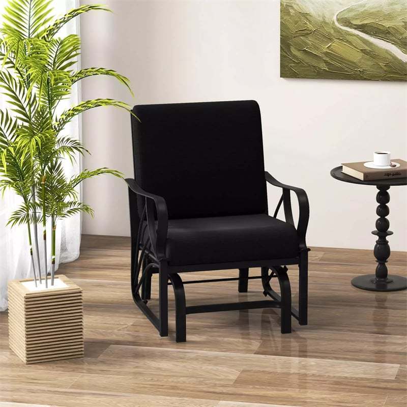 Outdoor Glider Rocking Chair with Cushion, Curved Armrest & Metal Frame, Ergonomic Patio Glider Chair for Porch, Backyard, Poolside