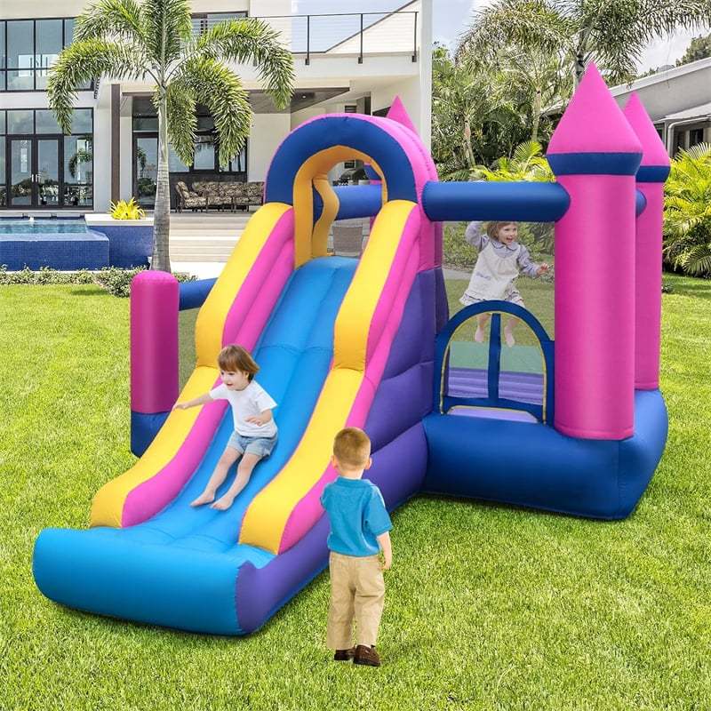 Inflatable Bounce House, 7-in-1 Princess Bouncy Castle with Long Slide, 735W Blower, Ball Pit & Ring Toss Game for Kids 3-10, Backyard Birthday Party