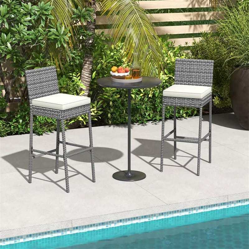 Wicker Outdoor Bar Stools Set of 2, Heavy-Duty Metal Frame Bar Height Patio Chairs with Soft Seat Cushions & Footrests