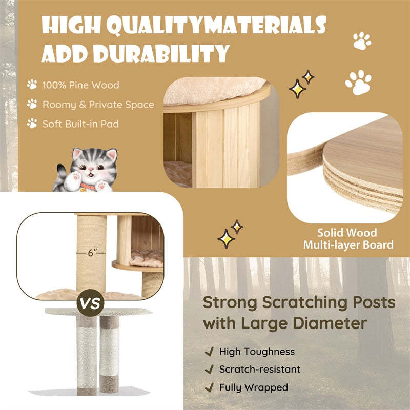 75" Modern Wood Cat Tree Multi-Level Large Cat Tower with Washable Mat Cat Condo Scratching Posts Hammocks & Basket Bed