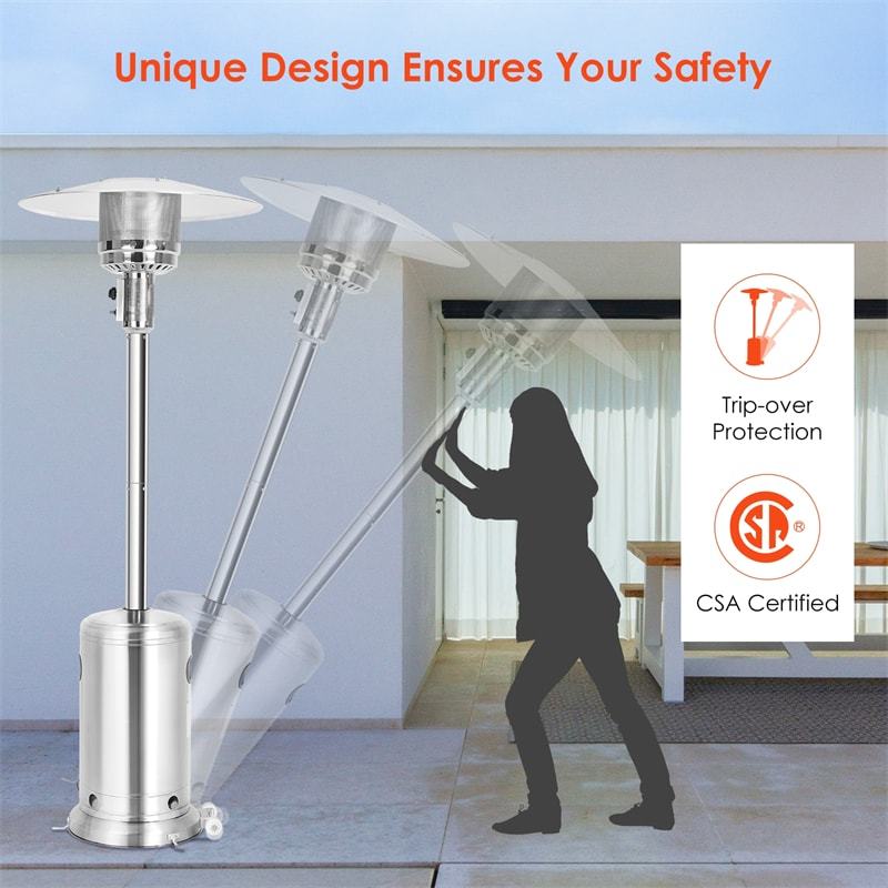 50,000 BTU Propane Patio Heater, Standing Outdoor LP Gas Heater with Wheels, Stainless Steel Burner & Tip-Over Protection for Garden Backyard
