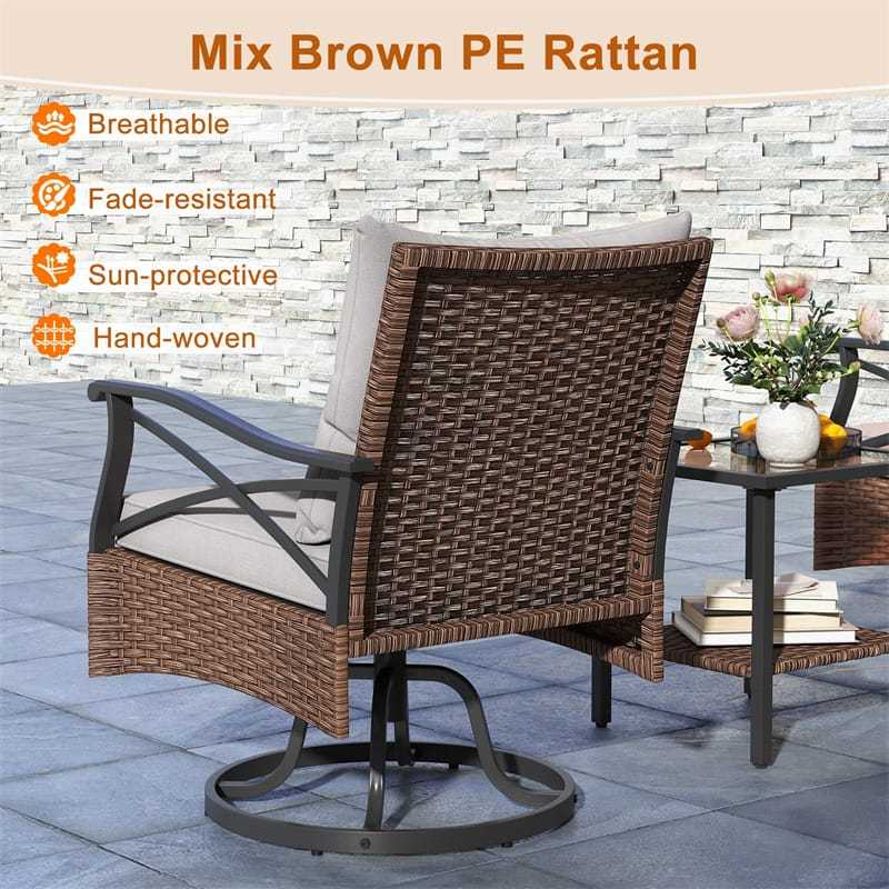 3 Piece Outdoor Swivel Rocking Chairs Set 360° Swivel Rocker Patio Chairs with Cozy Seat & Back Cushions, 2-Tier Tempered Glass Side Table for Garden