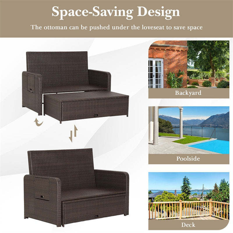 Patio Rattan Daybed Backrest Adjustable Wicker Loveseat Sofa with Cushions Side Table Storage Ottoman