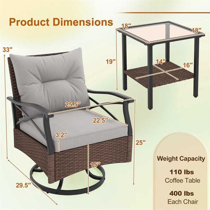 3-Piece Patio Swivel Rocker Set, Outdoor Rocking Chairs with 2-Tier Tempered Glass Coffee Table, Cozy Seat & Back Cushions for Garden, Backyard