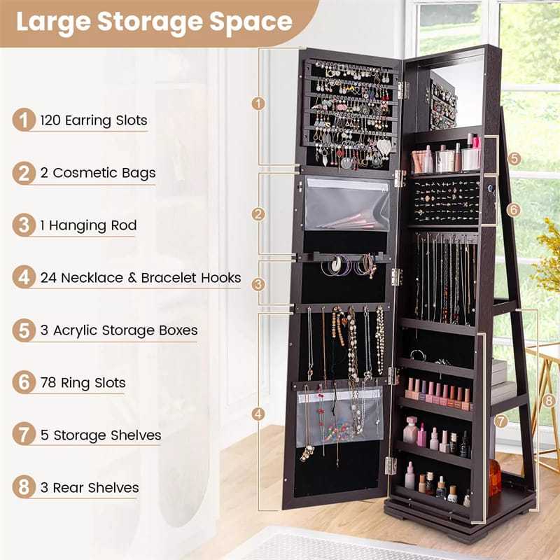360° Swivel Jewelry Cabinet Armoire with Full Length Mirror & Rear Storage Shelves, Standing Lockable Jewelry Organizer Inside Makeup Mirror