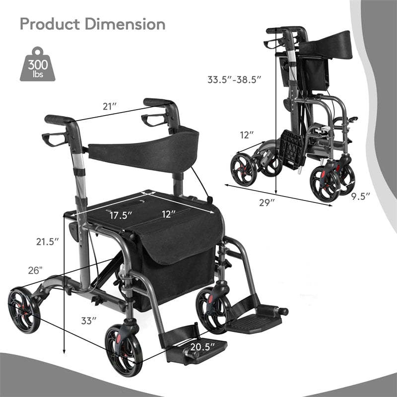 2-in-1 Folding Rollator Walker with Seat for Seniors, Aluminum Medical Walker Transport Chair Combo with 8" Wheels, Adjustable Handle & Backrest