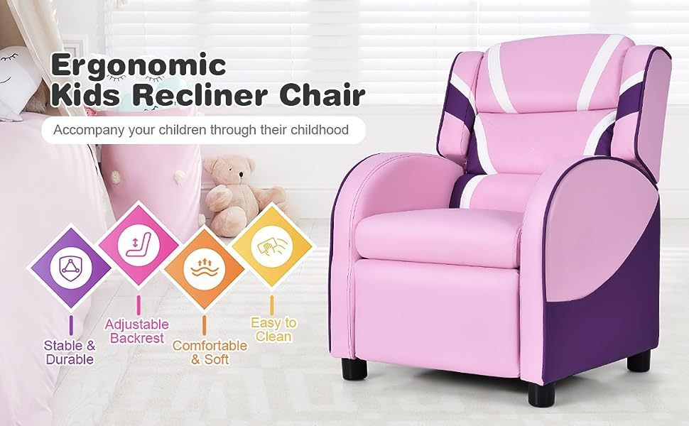 Kids Recliner Chair Adjustable Gaming Recliner Ergonomic Leather Sofa with Lumbar Support & Side Pockets