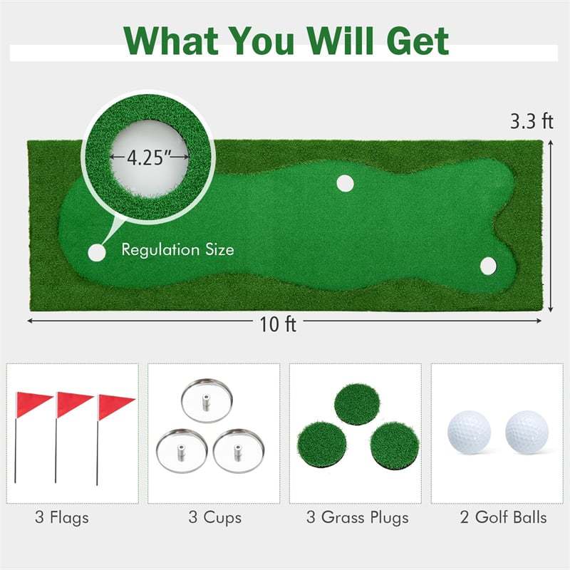 10x3.3FT Golf Putting Green, Large Professional Putting Mat with Artificial Grass Turf, 3 Holes & Flags, Golf Training Mat for Indoor Outdoor Practice