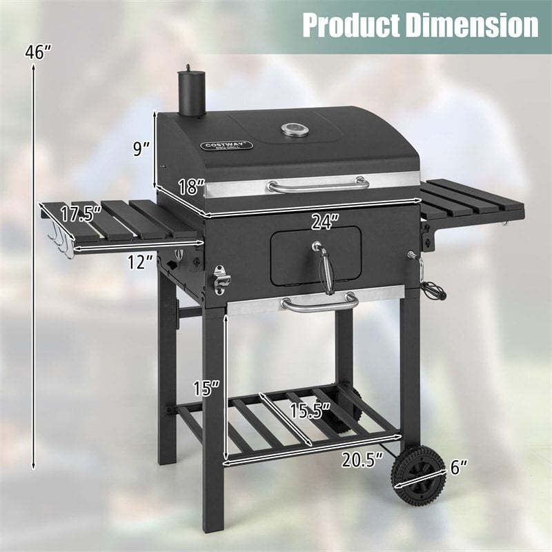 24" Heavy Duty Charcoal Grill Outdoor BBQ Grill with 2 Foldable Side Tables, Storage Shelf & 2 Wheels for Picnic Party Camping Backyard