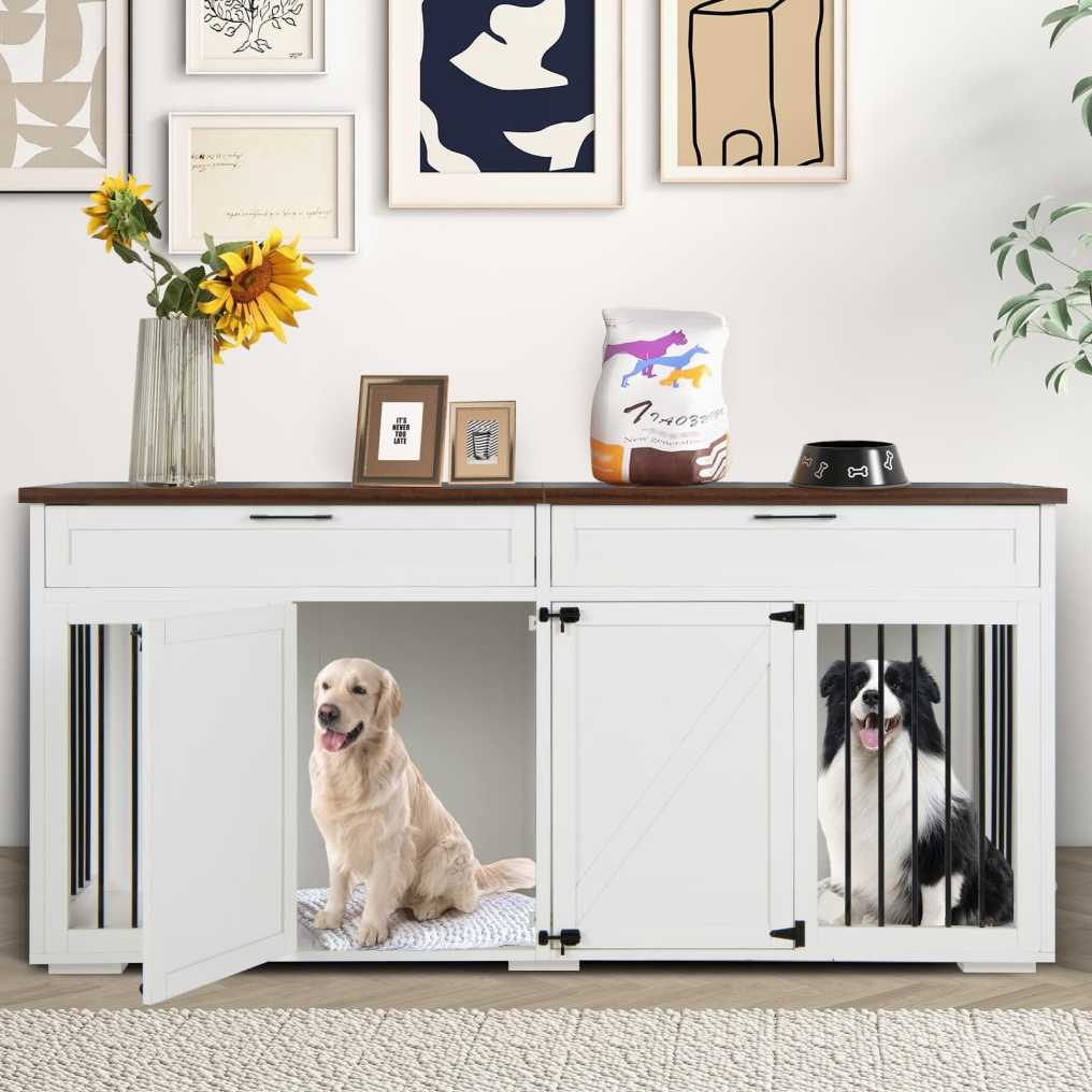 Large Double Dog Crate Furniture 72" Indoor Dog Kennel with Removable Room Divider, 2 Drawers & Doors for Medium Large Dogs