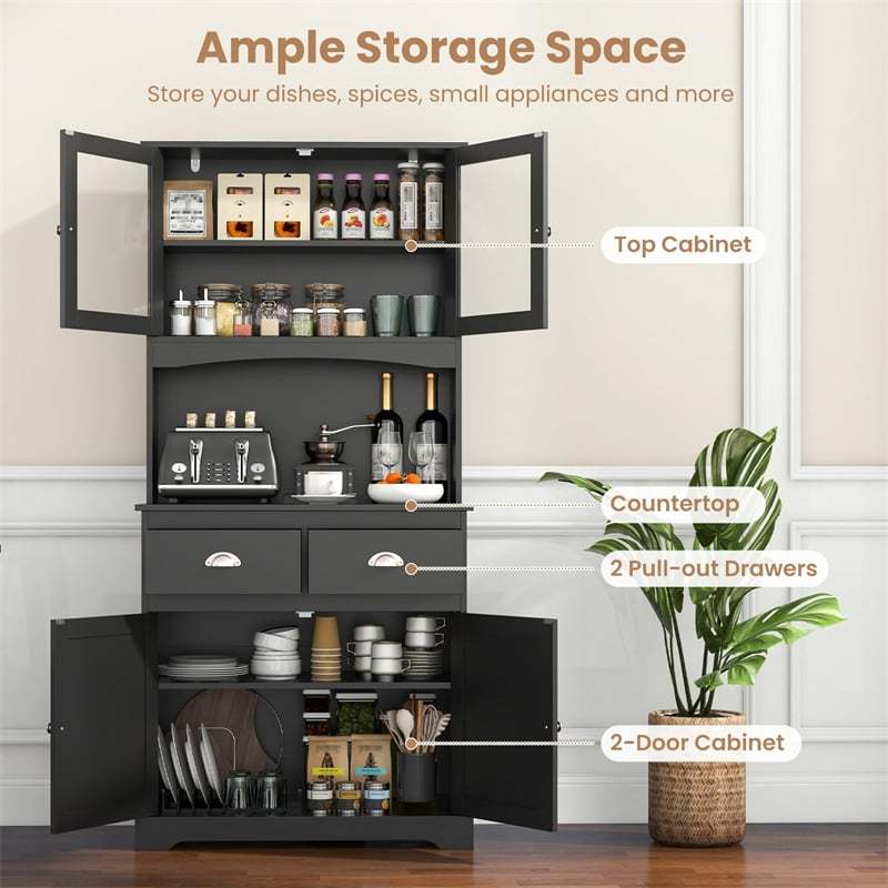 67" Tall Buffet Cabinet with Hutch, Freestanding Pantry Organizer with Drawers & Adjustable Shelves, Wooden Cupboard for Kitchen, Living Room