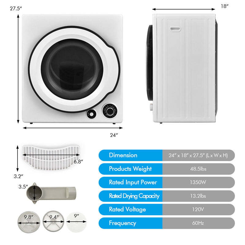 Portable Clothes Dryer, 13.2 LBS Compact Front Load Electric Tumble Dryer with Stainless Steel Drum & 5 Drying Programs, 1350W