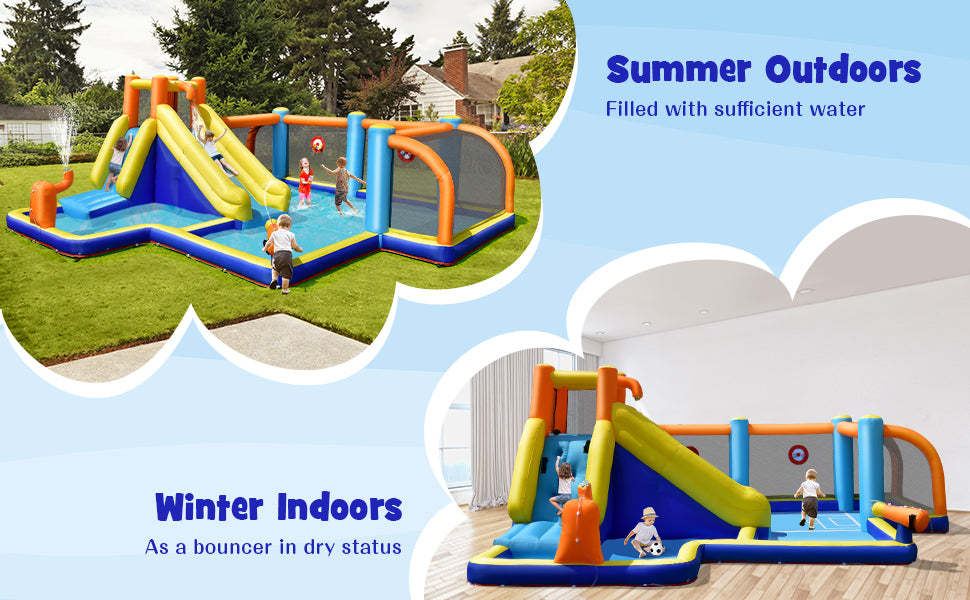 Giant Soccer Themed Inflatable Water Slide 7-in-1 Long Slide Water Park without Blower