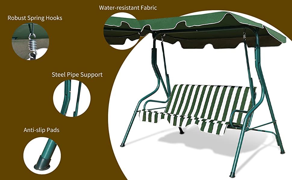 3 Seater Outdoor Patio Canopy Porch Swing Chair with Cushioned Steel Frame