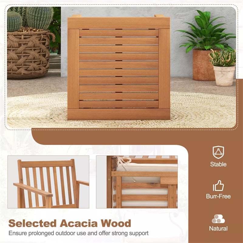 3 Pieces Patio Wood Furniture Set Acacia Wood Chairs & Coffee Table Set with Soft Seat Cushions & Slatted Design for Porch Yard Balcony