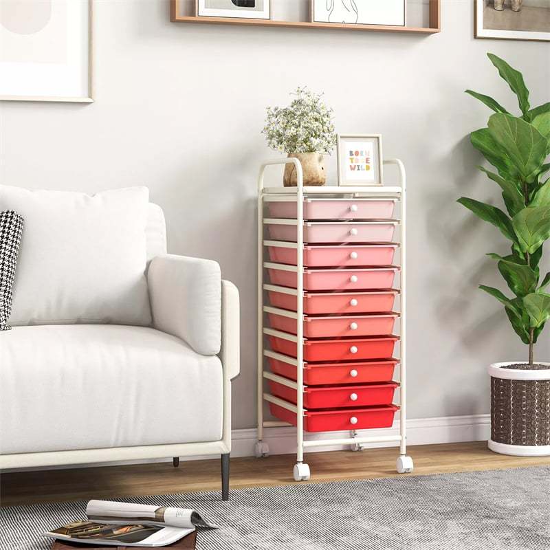 10-Drawer Rolling Storage Cart, Utility Cart with Drawers & Lockable Wheels, Mobile Art Craft Drawer Cart for Home Office, School