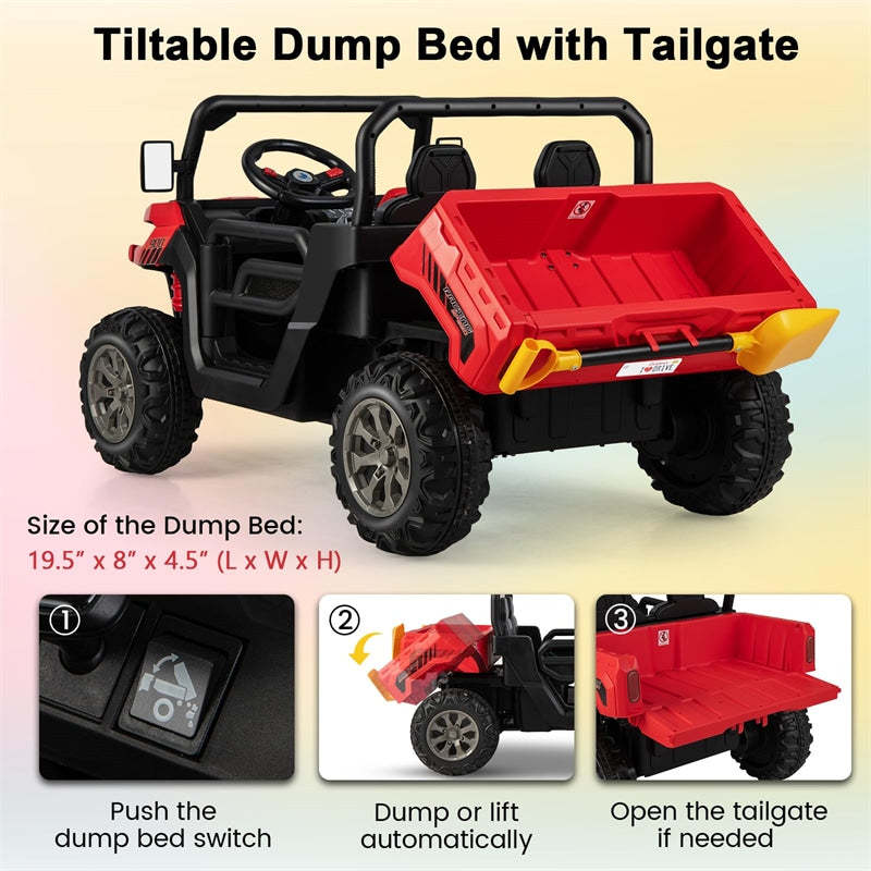 24V 2-Seater Ride-On Dump Truck, Kids Electric UTV with Dump Bed, Shovel, Remote Control & Dual Motors, Battery Powered Ride-On Car for Child