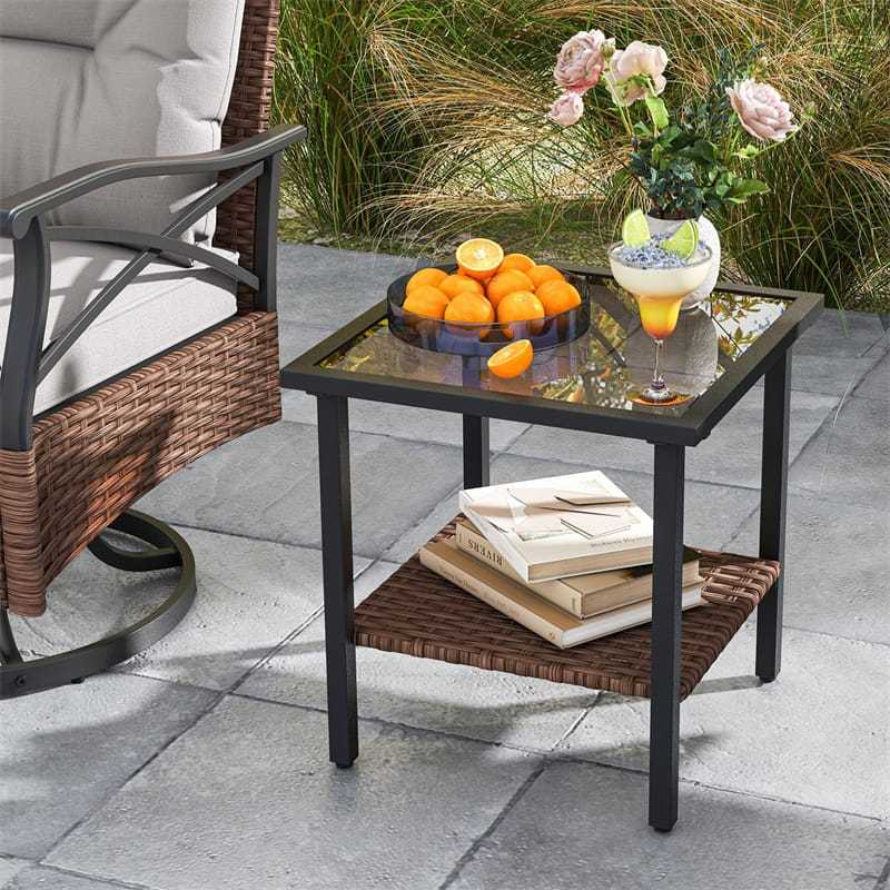 3-Piece Patio Swivel Rocker Set, Outdoor Rocking Chairs with 2-Tier Tempered Glass Coffee Table, Cozy Seat & Back Cushions for Garden, Backyard