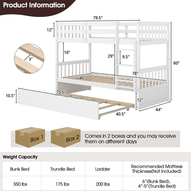 Twin Over Twin Bunk Bed with Twin Trundle, Solid Wood Platform Bed Frame Space-Saving Convertible Bunk Bed with Ladder for Teens & Adults
