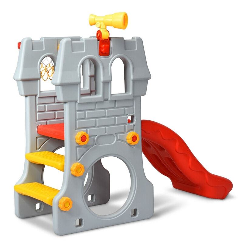 Toddler Indoor Slide 5-in-1 Kids Climber Slide Playset with Basketball Hoop Telescope Crawl Through Space & Climbing Stairs
